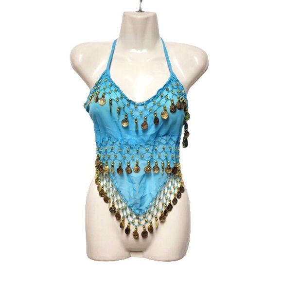 Blue Belly Dancing Top Crocheted with Gold Beads Coins Halter Crop Top - Picture 1 of 6
